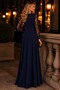 Women's V-Neck Long Lace Sleeve Elegant Stylish Evening Dress Long Janjan Crepe Dress - 3