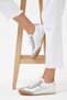 Women's White Lace-Up Flat Sole Sneaker Shoes with Silver Cross Detail - Walking Shoes