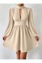 Women's High Neckline Low-Cut Detailed Waist Fitted Balloon Sleeve Mini Dress