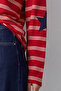 Women's Red Ribbed Crew Neck Oversize Striped Sweatshirt Alc-X15947 - 5