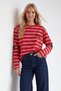 Women's Red Ribbed Crew Neck Oversize Striped Sweatshirt Alc-X15947