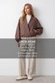 Women's Coffee Color V-Neck Balloon Sleeve Double Pocket Plaid Patterned Lined Velvet Textured Coat Alc-X15951 - 2