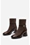Brown Suede Patent Leather Detailed Stone Buckle Thick Heeled Women's Boots - 2