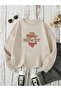 Western Mix Printed Oversize Cotton Crew Neck Basic Beige Sweatshirt - 2