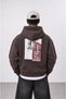 Brown Oversize Hooded Sweatshirt with Back Embroidery and Print Unisex Hoodie - 4