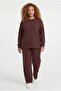 Women's Plus Size Crew Neck Vertical Ribbed Brown Tracksuit Set - 2