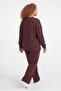 Women's Plus Size Crew Neck Vertical Ribbed Brown Tracksuit Set - 6