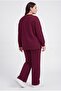 Women's Plus Size Crew Neck Vertical Ribbed Burgundy Tracksuit Set - 6