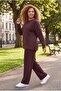 Women's Plus Size Crew Neck Vertical Ribbed Brown Tracksuit Set - 5
