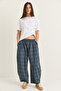 Women's Blue Plaid Patterned Elastic Waist Wide Leg Trousers Yp5692 60286651 - 5