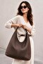 Women's Brown Knitted Patterned Suede Large Size Casual Hobo Shoulder Bag - 4
