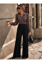 Women's Long Sleeve Double Breasted Collared Top Diver Leopard Patterned Bottom Imported Crepe Trousers Jumpsuit