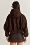 Women's Bitter Brown Hooded Lined Pocket Detailed Bomber Cut Zippered Cashmere Coat 7053 60286642 - 8