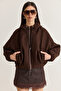 Women's Bitter Brown Hooded Lined Pocket Detailed Bomber Cut Zippered Cashmere Coat 7053 60286642 - 2