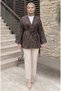 Women's Ethnic Retro Patterned Coffee-Tone Belted Kimono Jacket Suitable for Hijab Wear - 2
