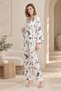 Women's White-Black Satin Kimono Pajamas Set Floral Patterned Strap Top Trousers 3 Pieces