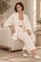 Women's Ecru Jacquard Kimono Pajama Set Bralet Wide Leg Pants 3 Piece