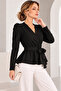 Black V-Neck Double-Breasted Belted Long Sleeve Blouse - 4