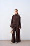Women's High Collar Skirt Asymmetrical Cut Pants Suit Brown