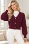 Women's Long Sleeve Balloon Sleeve V-Neck Knit Detailed Buttoned Soft Textured Stylish Casual Burgundy Crop Knitwear Cardigan - 5