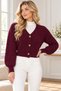 Women's Long Sleeve Balloon Sleeve V-Neck Knit Detailed Buttoned Soft Textured Stylish Casual Burgundy Crop Knitwear Cardigan - 6