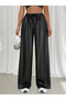 Women's High Waist Elastic Waist Lace-Up Wide Cut Detailed Leather Trousers - 2