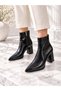 Yona Women's Black Wrinkled Patent Leather Pointed Toe Front Stitching Detailed Zippered Warm Lining 7 cm Thick t - 2