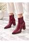 Yona Women's Burgundy Wrinkled Patent Leather Pointed Toe Front Stitching Detailed Zipper Closure Warm Lining 7 cm Thick t - 2