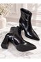 Yona Women's Black Wrinkled Patent Leather Pointed Toe Front Stitching Detailed Zippered Warm Lining 7 cm Thick t - 3