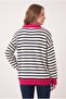 Women's Fuchsia Pink Polo Collar Garnished White Black Striped Patchwork Half Zipper Knitwear - 3