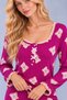 Women's Patterned Lace Detailed Bow and Button Long Sleeve Pajama Set - 5