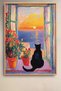 Sunset on a Floral Window and Black Cat Framed Painting Cat Poster Modern Wall Decor Kedi32 - 2