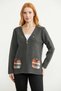Women's Floral Embroidered Zippered Knitwear Jacket with Pockets - Dark Gray