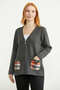 Women's Floral Embroidered Zippered Knitwear Jacket with Pockets - Dark Gray - 2