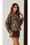 Women's Brown Leopard Patterned Soft Shiny Fabric Stand Collar Bat Sleeve Blouse - 4