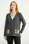 Women's Floral Embroidered Zippered Knitwear Jacket with Pockets - Dark Gray - 3