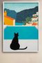 Black Cat Framed Painting with Pool and Sea View Cat Poster Modern Wall Decor Kedi25 - 2