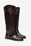 Women's Brown Trocley Belted Riding Boots Flat Sole Below the Knee