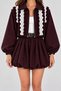 Women's Burgundy Plaid Patterned Lace Ruffle Detailed Zippered Crop Jacket and Balloon Skirt 2-Piece Set