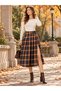 Autumn Breeze Navy Blue Plaid Patterned Belt Detailed Slit Midi Skirt