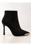Women's Black Suede Pointed Toe Thin Heeled Boots 9 cm Heeled Boots with Gold Toe Detail Stylish Zippered Women's Boots