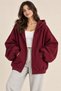 Women's Burgundy Balloon Sleeve Cardigan with Hood, Full Zipper, Kangaroo Pocket, Cotton Lined, Winter