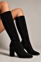 Culina Women's Suede Black Pointed Toe Thick Heeled Side Zipper Below the Knee Boots 7.5 cm Heel