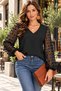 Elegant Touch – Women's V-Neck Black Crepe Blouse with Pompom Detail and Long Tulle Sleeves - 3