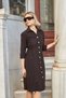 Women's Stretchy Velvet Collared Dress with D Buckles on the Sides and Gathered Sleeves, Below the Knee, Kilos Dress - Brown - 6