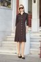 Women's Stretchy Velvet Collared Dress with D Buckles on the Sides and Gathered Sleeves, Below the Knee, Kilos Dress - Brown