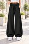 Black 3-Thread Ruffled Waist Folded Wide Leg Oversize Sweatpants - 2