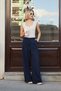 Women's Relaxed Fit Wide Leg High Waist Pleated Palazzo Trousers with Pockets-Navy Blue