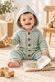 Baby knitted romper with hood, hair braid pattern, knitwear, wooden buttoned, pocketed, unisex for girls and boys, 3-12 months - 2