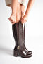 Women's Brown Zippered Wide Buckle Round Toe Boots